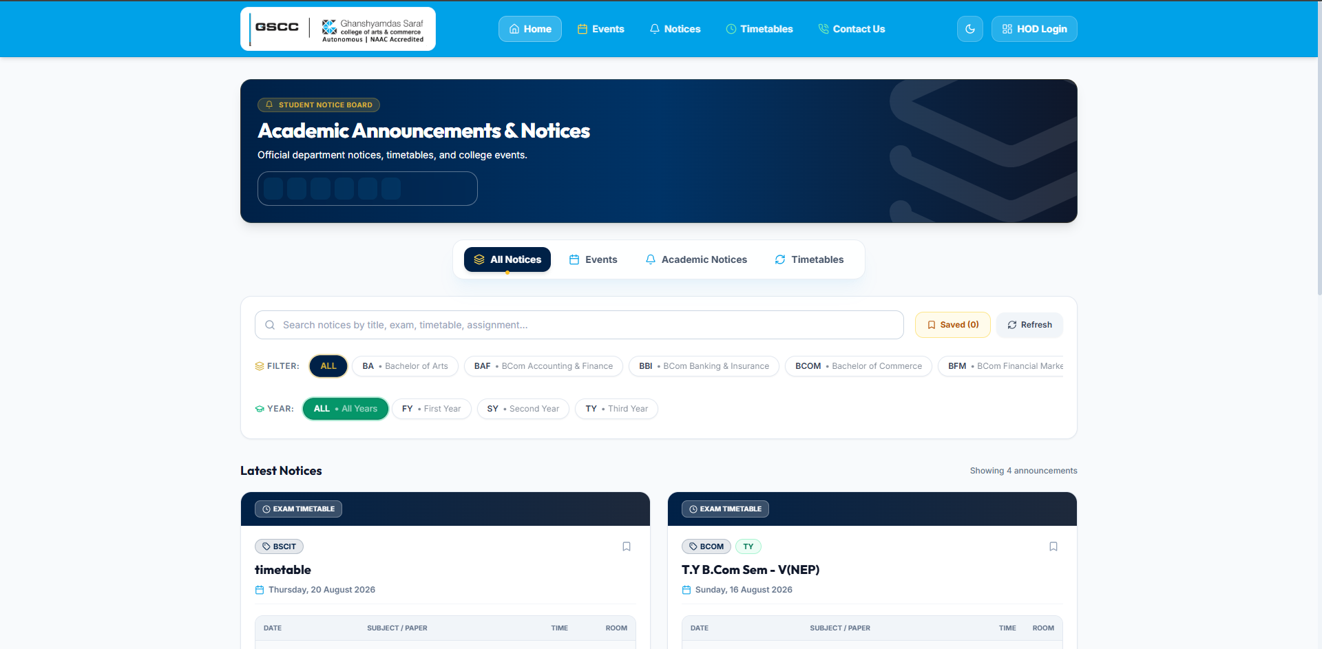 GSCC College announcement portal preview